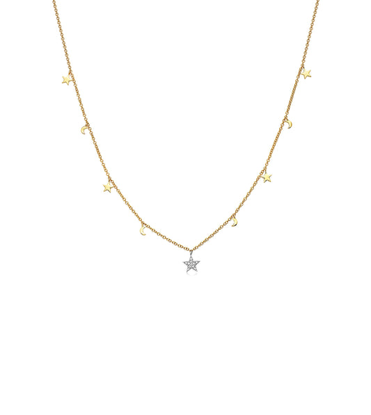 OLIVE & CHAIN Diamond Star & Moon Charm Necklace - Two-Tone Gold
