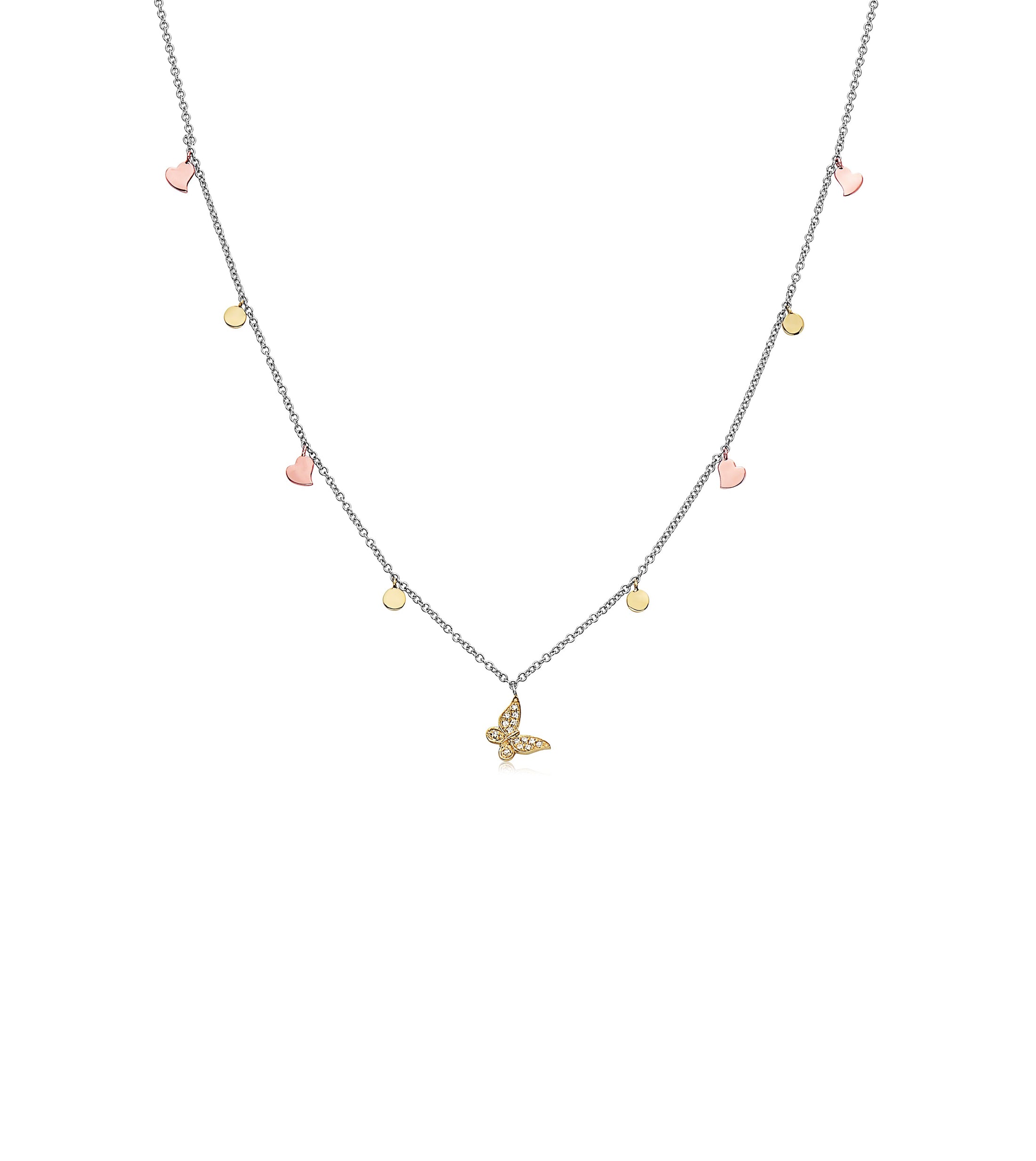 OLIVE & CHAIN Diamond Butterfly & Charm Necklace - Two-Tone Gold