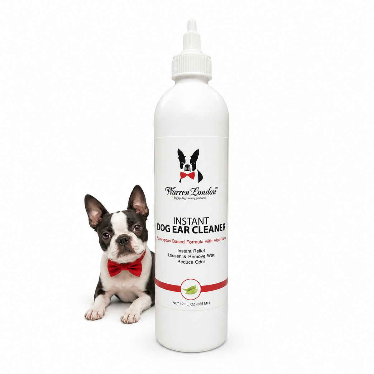 Southlake Paws Instant Ear Cleaner for Dogs, 4 oz or 12 oz, removes wax and odor. Bottle with a dog in the background.