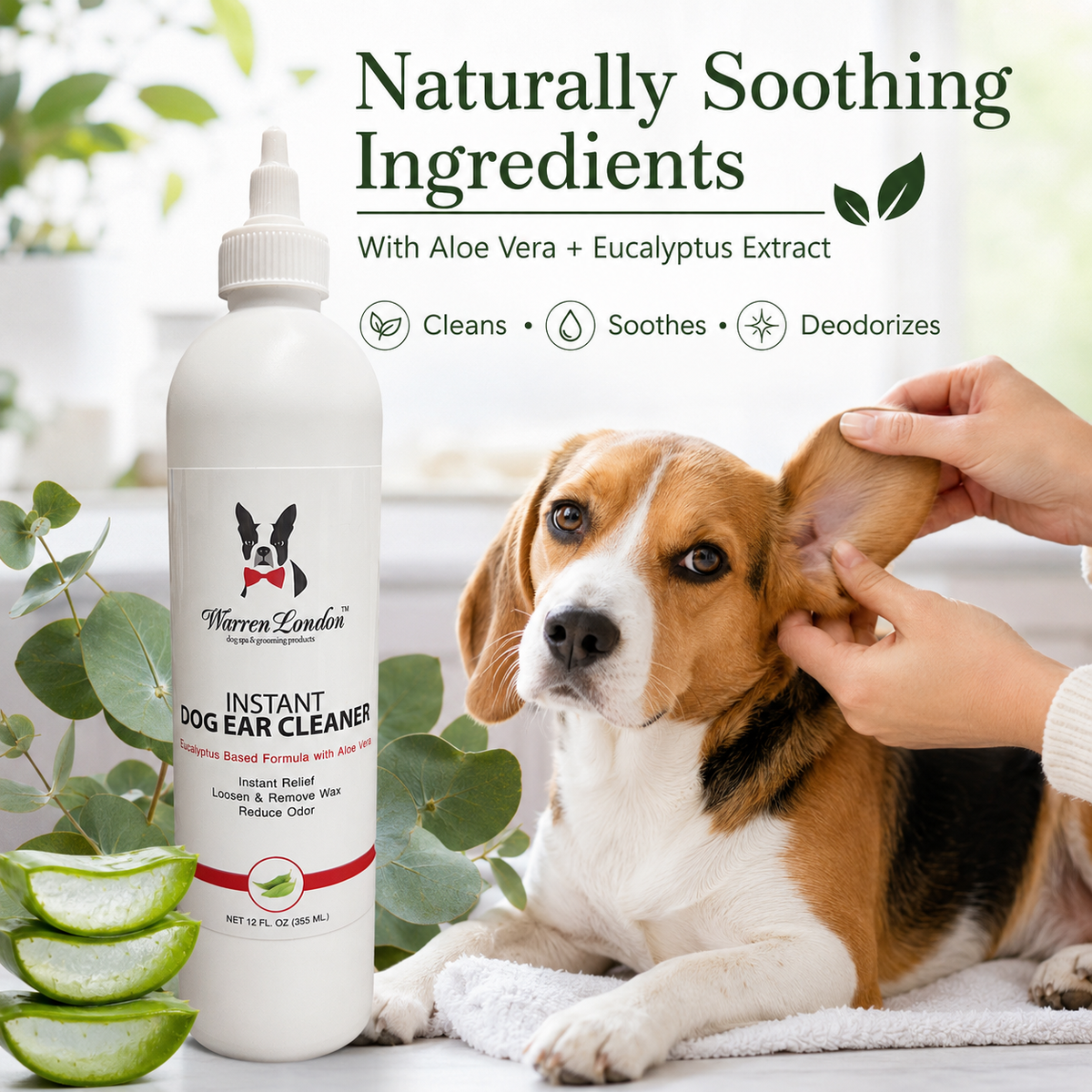 Southlake Paws Instant Ear Cleaner for Dogs, 4 oz or 12 oz, with aloe vera and eucalyptus, cleans, soothes, and deodorizes.