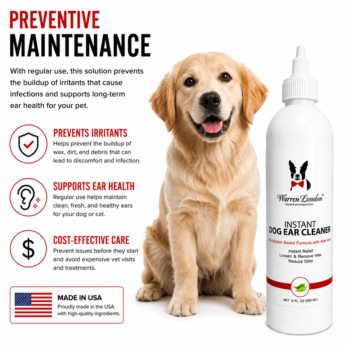 Southlake Paws Instant Ear Cleaner for Dogs in a 12 oz bottle, with a dog and maintenance benefits highlighted.