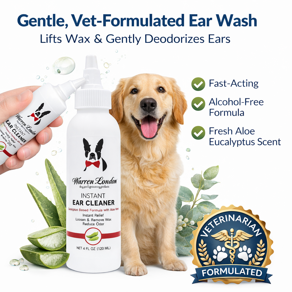 Southlake Paws Instant Ear Cleaner for Dogs, 4 oz or 12 oz bottle, with aloe eucalyptus scent, featuring a happy dog.