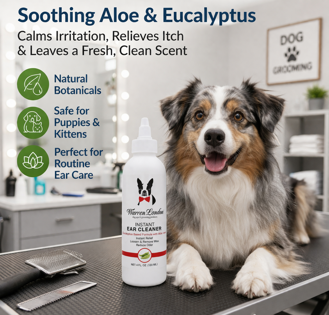 Southlake Paws Instant Ear Cleaner for Dogs, 4 oz or 12 oz, with soothing aloe and eucalyptus, removes wax and odor.