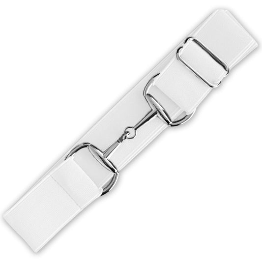 White elastic equestrian belt from Southlake Paws featuring silver metal buckles and a sleek design.