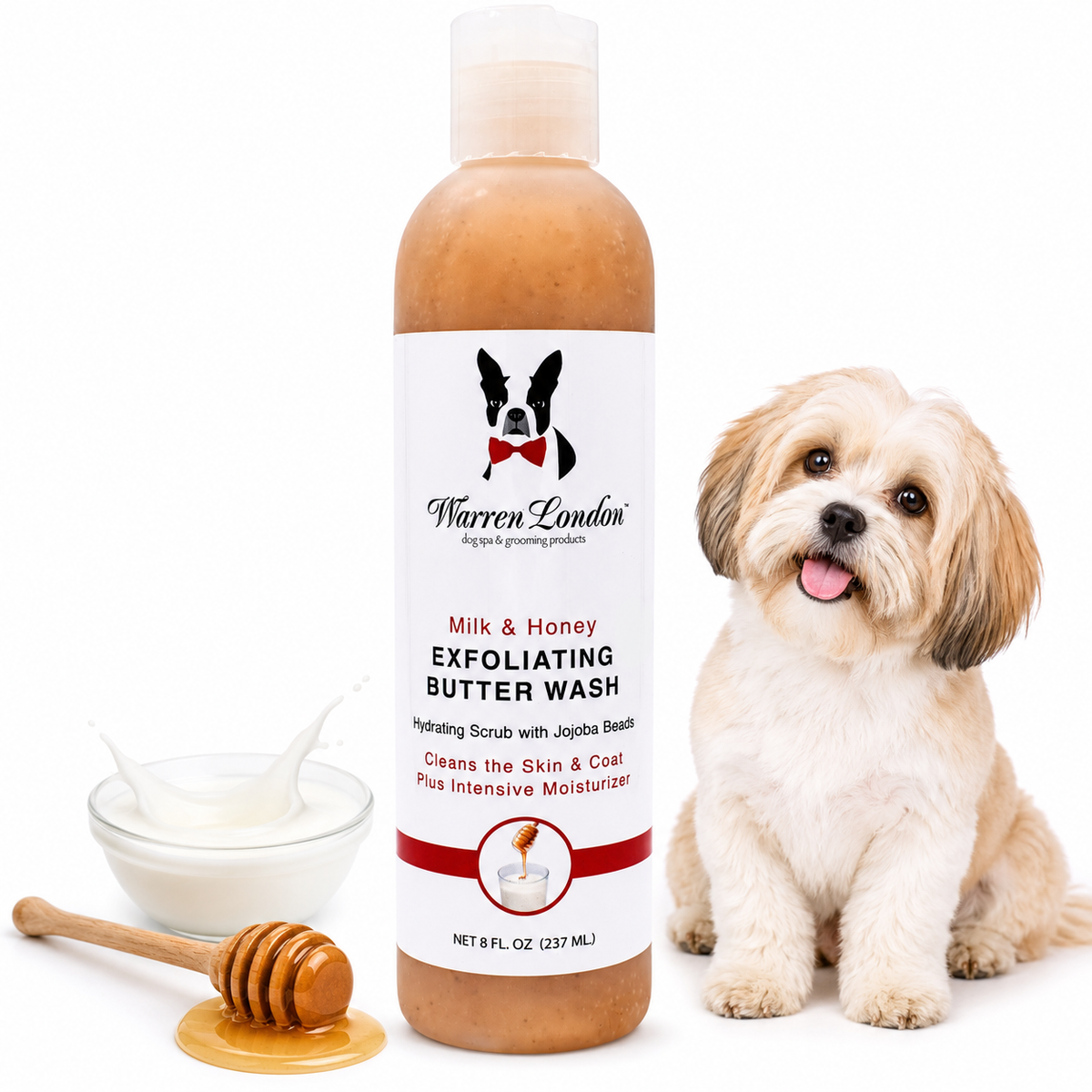 Southlake Paws Exfoliating Butter Wash in Milk & Honey scent, 8 oz bottle, with a dog and honey dipper beside it.
