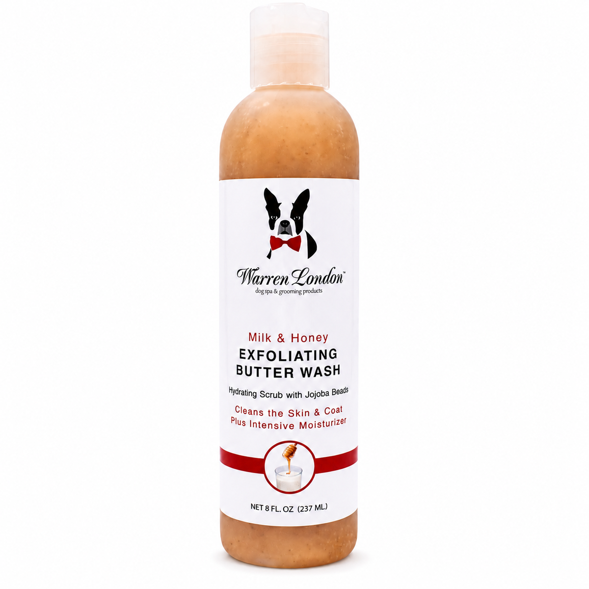 Southlake Paws Exfoliating Butter Wash in Milk & Honey scent, 8 oz bottle, features jojoba beads for skin and coat care.