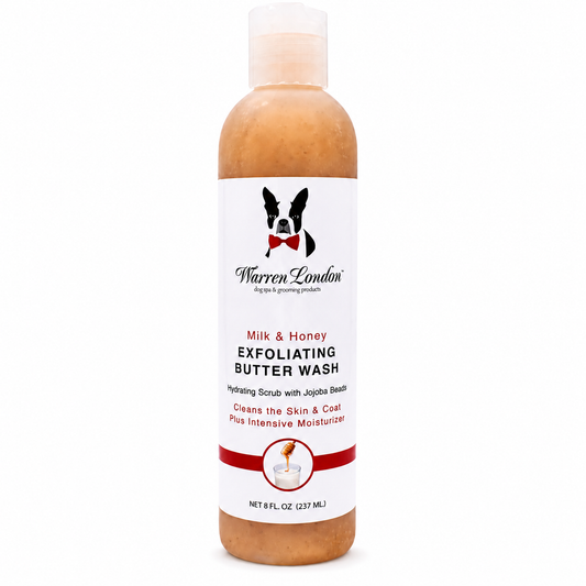 Southlake Paws Exfoliating Butter Wash in Milk & Honey scent, 8 oz bottle, features jojoba beads for skin and coat care.