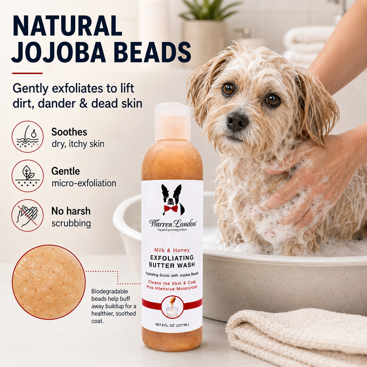 Southlake Paws Exfoliating Butter Wash with natural jojoba beads, shown in a bottle, used on a dog in a bath setting.