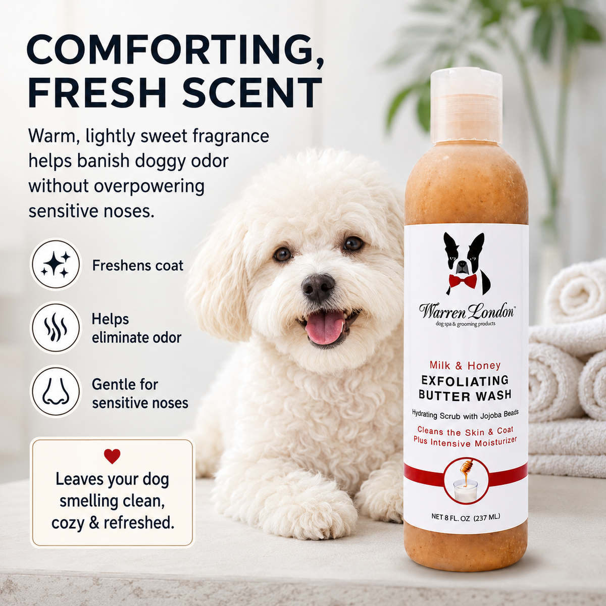 Southlake Paws Exfoliating Butter Wash in a bottle, featuring a fluffy dog, promoting fresh scent and odor elimination.
