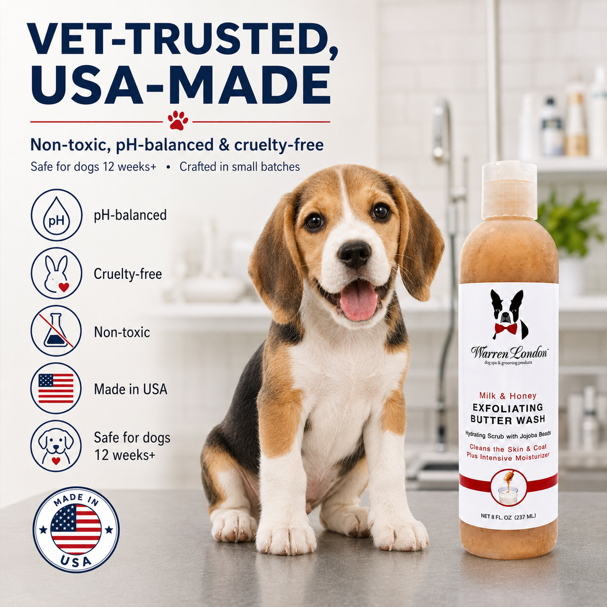Exfoliating Butter Wash by Southlake Paws, featuring a beagle puppy, highlights its vet-trusted, non-toxic formula.
