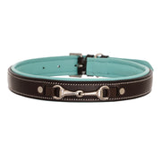 ExionPro Silver Snaffle Padded Leather Dog Collar - Sky Blue Padding