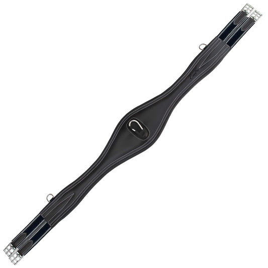 Southlake Paws ExionPro 'Snap' Over Lay Girth in navy blue elastic with white lines, featuring a central D-ring and silver ha