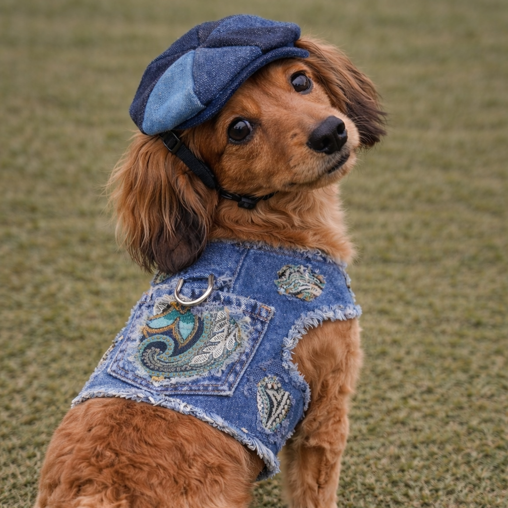Dog wearing a denim outfit with patches and a matching hat on a grassy background