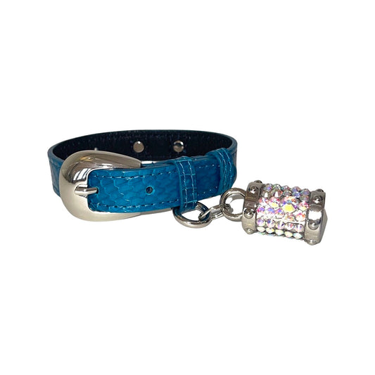 Dark Turquoise XS Snake 7-14 Collar/Custom Silver Italian Hardware & Swarovski Crystal Charm