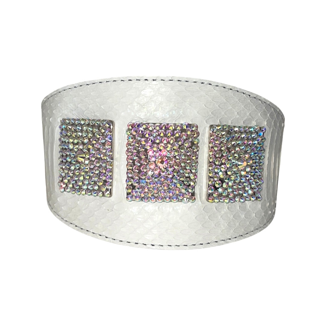 Matte White Snake 4 Wide Collar With Our 3 Custom Swarovski Crystal Rivets