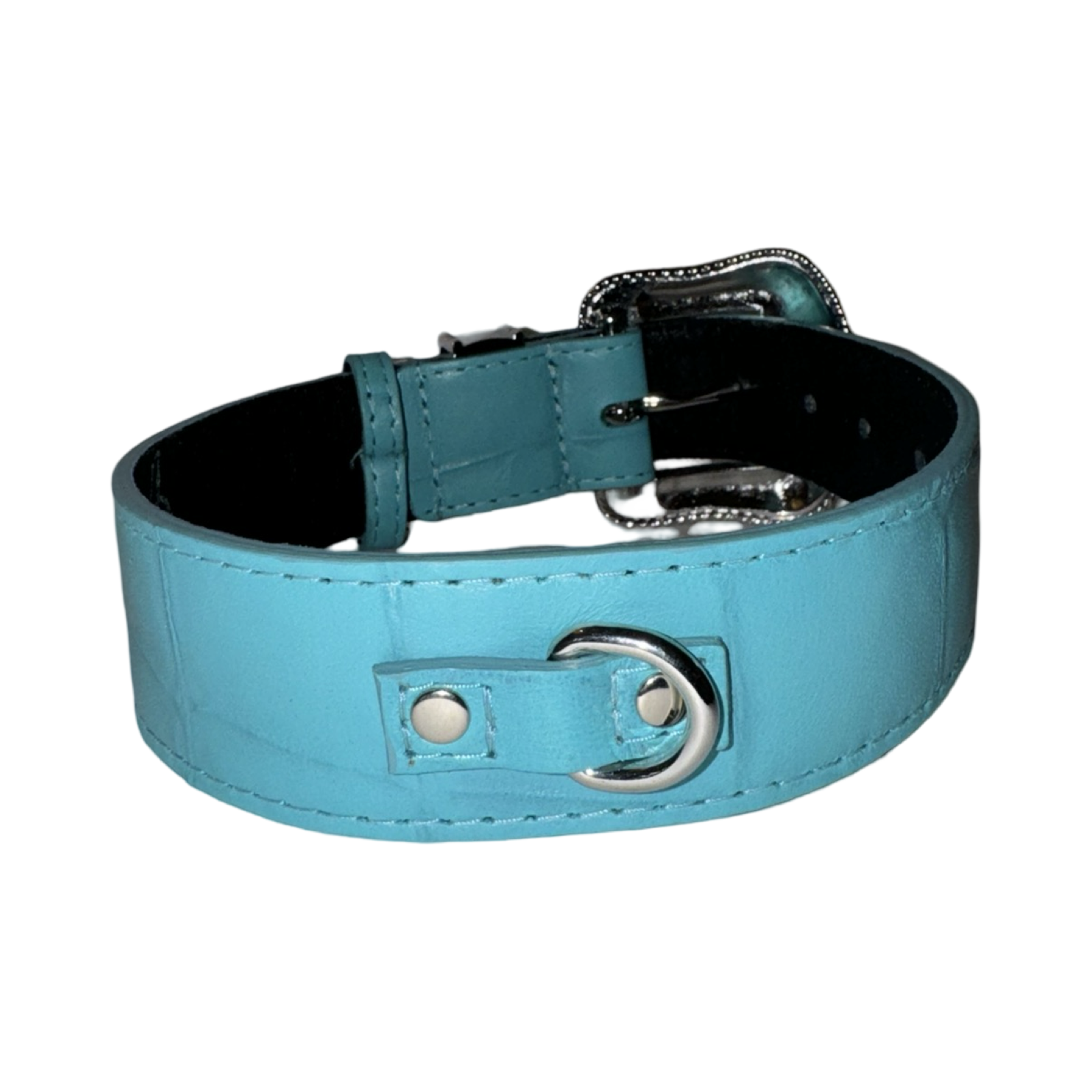 The Tiffany Collection. Gorgeous Turquoise Blue Embossed Croc Italian Leather/Custom Silver Swarovski Crystal Hardware Collar.
