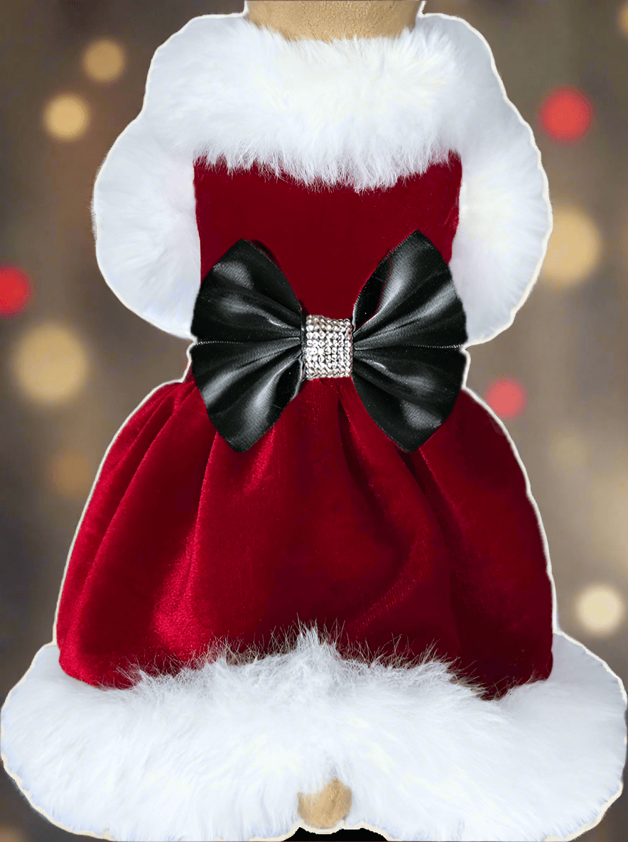 Santa Baby Dog Dress Faux Fur Satin Crystal Handmade Apparel & Accessories - Designer Dog Clothes from Southlake Paws