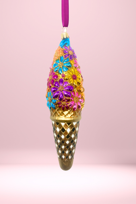 Floral Fetish Ice Cream Cone Polish Glass Ornament - Southlake Paws