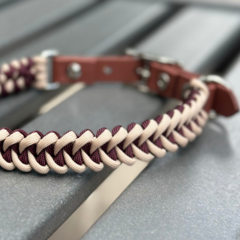 Fishtail Hand Braided Dog Collar in Burgundy & Cream - Southlake Paws