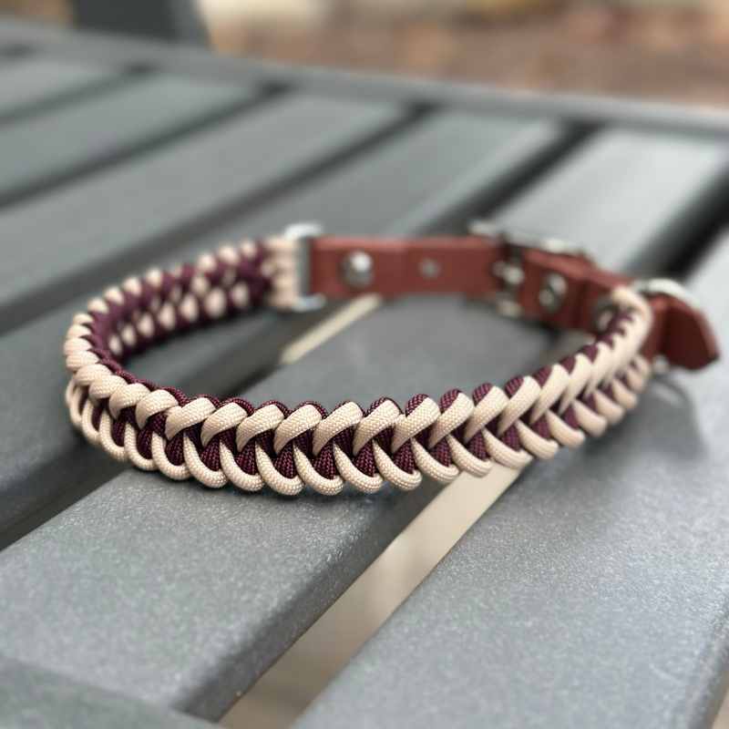 Fishtail Hand Braided Dog Collar in Burgundy & Cream - Southlake Paws
