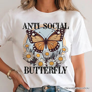 Anti Social Butterfly T-Shirt, Retro White and Natural Tee for Quirky and Independent Women 