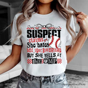 Baseball Suspect Claims Fun T-Shirt, Retro White and Natural Tee With Coquette Bow 