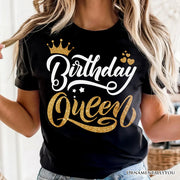 Birthday Queen T-Shirt, Black Glam Party Tee for Stylish Women 