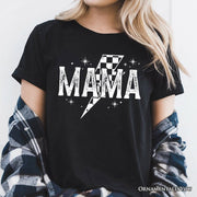 Checkered Lightning Bolt Mama Tee, Vintage Retro Black and White Tee for Energetic Moms 