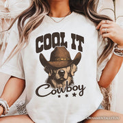 Cool It Cowboy T-Shirt With Western Dog, Retro Golden Retriever White and Natural Tee for Country Lover 