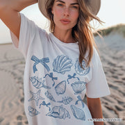 Coquette Seashell Summer Vibe T-Shirt, Natural and White Retro Beach Tee Gift for Ocean Lover 