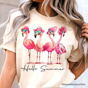 Flamingo Hello Summer T-Shirt, White and Natural Retro Tee with Tropical Birds 