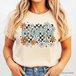 Floral Mama Checkered T-Shirt, White, Natural and Black Retro Tee for Stylish Mothers 