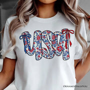 Floral USA Patriotic T-Shirt, 4th of July White, Natural and Black Tee for Stylish Women 