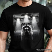 Funny Raccoon UFO T-Shirt, Unisex Black Tee for Space Lover 