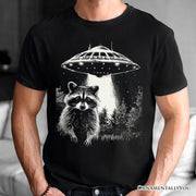 Funny UFO Raccoon T-Shirt, Black Unisex Tee for Alien Enthusiasts 