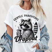 Gentle Parenting Dropout Raccoon T-Shirt, Tired Parent Humor Retro White and Natural Mom Tee 