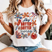 Hey Batter Batter Swing T-Shirt, Retro White and Natural Baseball Tee with Floral Accents 