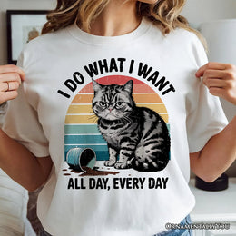 I Do What I Want Cat Retro T-Shirt, Unisex Sarcastic White Tee for Cat Lovers 