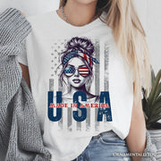 Made in America Messy Bun T-Shirt, Retro 4th of July White Patriotic Tee 