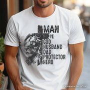 Man of God Lion Cross T-Shirt, White Tee for Faithful and Christian Fathers 