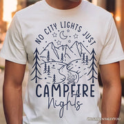 No City Lights Just Campfire Nights T-Shirt, White and Natural Camping Tee for Stargazing Campers 