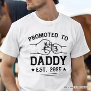 Promoted to Daddy Est. 2025 T-Shirt, Black and White New Dad Pregnancy Announcement Tee 