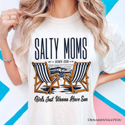 Salty Moms Beach Club T-Shirt, Retro White Tee for Cool Summer Mothers 