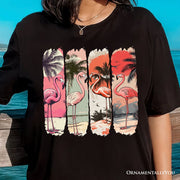 Summer Flamingo Beach T-Shirt, Retro Vacation Black Tropical Sunset Tee 