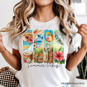 Summer Vibes T-Shirt, White and Natural Beach Tee with Coconut and Flowers 