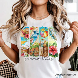 Summer Vibes T-Shirt, White and Natural Beach Tee with Coconut and Flowers 