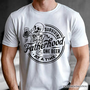 Surviving Fatherhood Skeleton Beer T-Shirt, White Vintage Tee for Tired and Hilarious Dads 