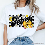 Teach Checkered Coquette Bow T-Shirt, White and Natural Retro Tee for Trendy Teachers 