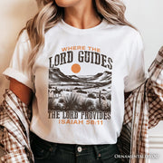 The Lord Provides Christian T-Shirt, Retro Western Desert Worship White and Natural Tee 