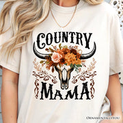 Country Mama Floral Buffalo Skull Vintage T-Shirt, Western Natural and White Women’s Tee 